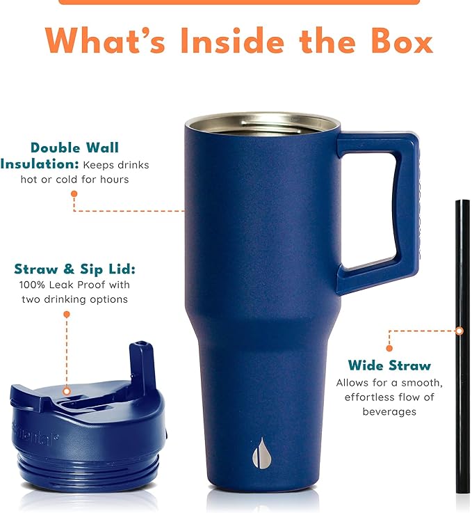Elemental 32 oz 100% Leak Proof Tumbler with Handle & Straw - Stainless Steel Double Wall Insulated Tumbler for Hot and Cold Beverages - Travel Coffee Mug with Sip & Straw Lid - Navy - Bloomnest