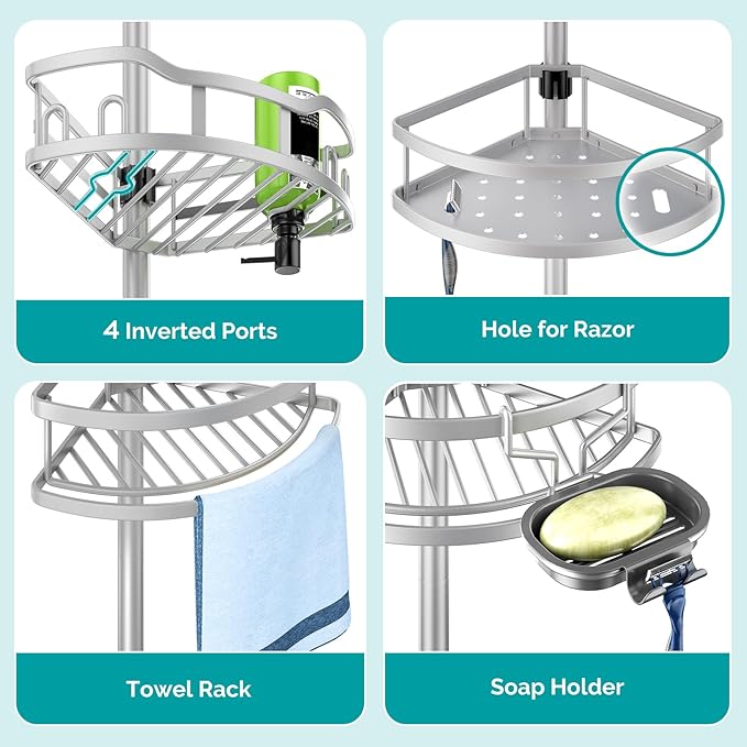 HAMITOR Corner Shower Caddy Tension Pole: Rustproof 4-Tier Bathroom Organizer Shelves for Bathtub Shampoo Storage - 47-121 Inch Quick Install Adjustable Rod Standing Rack with Soap Rack - Silver Gray | Rustproof, Quick Install, Adjustable Rod, Soap Rack - Bloomnest