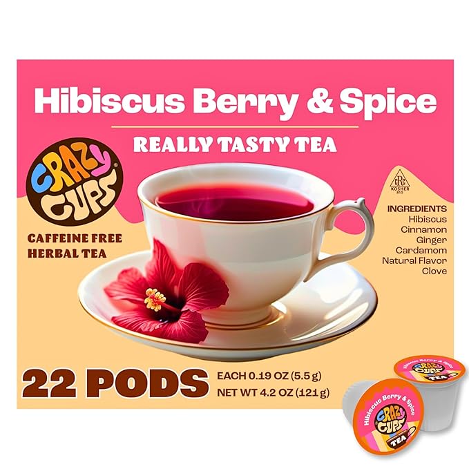 Crazy Cups Hibiscus Berry & Spice Herbal Tea Pods, 22 Count, Caffeine Free, Kosher Certified, Fruity & Spiced Blend with Cinnamon, Ginger & Clove | K Cup Compatible, Hot or Iced Herbal Tea - Bloomnest
