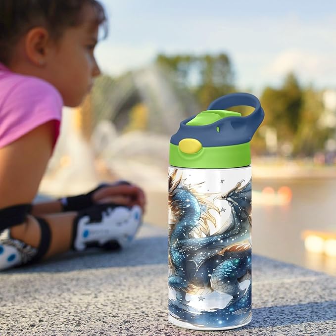 Dragon Water Fire Kids Water Bottle with Straw Lid Insulated Tumbler with Handle Stainless Steel Reusable Toddlers Cup for Kids Boys 12 oz - Bloomnest