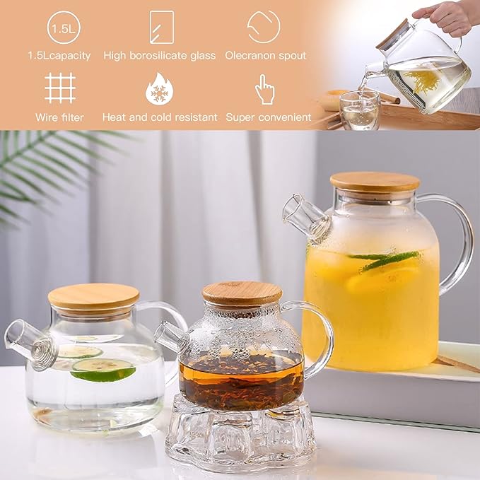 Glass Teapot 50.7oz/1500ml, Stovetop & Microwave Safe Borosilicate Tea Pot,Clear Teapot with Strainer, Glass Tea Kettle with Wooden Lid for Loose Leaf、Fruit Tea and Fragrant Tea - Bloomnest
