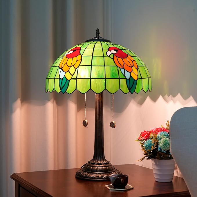 Tiffany Table Lamp Green Stained Glass Parrot Style Bedside Lamp 16X16X23 Inches Desk Decor Light Classic Farmhouse Reading Table Lamps for Home Office - Bloomnest