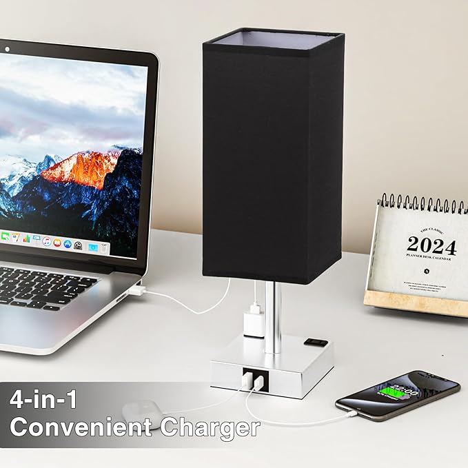 Touch Bedside Table Lamp for Nightstand - 3-Way Dimmable Night Lamp with USB A + Type C Charging Ports and Two AC Outlets, Small Desk Light with E26 LED Bulb for Bedroom Living Room Dorm Office,Black - Bloomnest