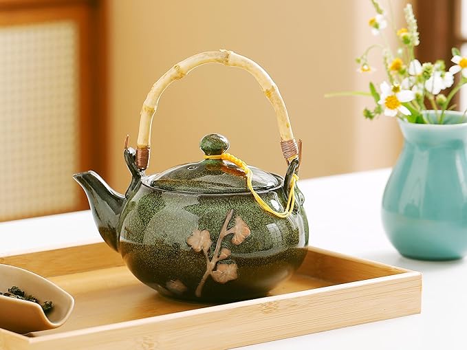 Traditional Japanese tea set, Kiln altered glaze Porcelain tea set with 1 Teapot, 6 Tea cups, 1 Tea Tray,Japanese teapot set, Asian tea sets (Kiln altered-Green) - Bloomnest