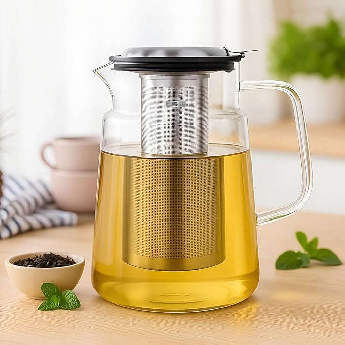 Aquach Glass Teapot with Removable Infuser - 74oz Borosilicate Tea Pot for Stovetop & Cold Brew, Stainless Steel Filter for Loose Leaf/Iced Tea - Bloomnest