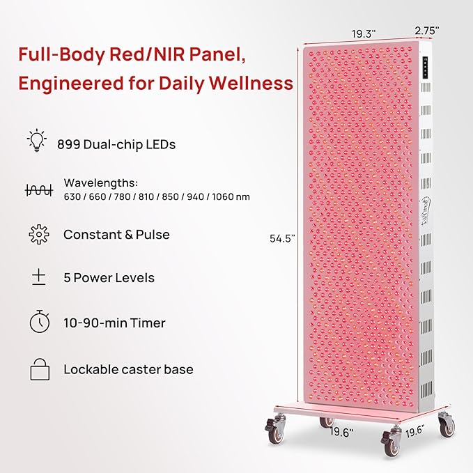 Red Light Therapy Panel for Body, 7 Wavelengths (630, 660, 780, 810, 850, 940, 1060 nm), 899LEDs, Near‑Infrared Light Wellness Device with Adjustable Intensity, Home Use CharmpilotRedLightTherapy