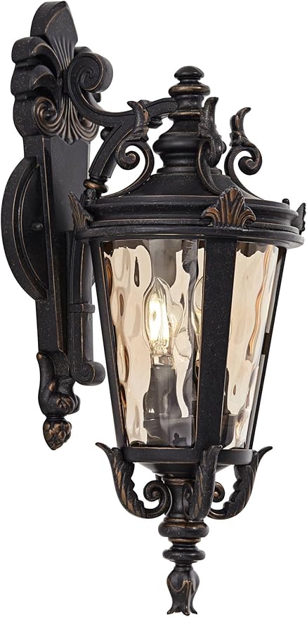 John Timberland Casa Marseille European Outdoor Wall Light Fixture Bronze Scroll 21 3/4" Champagne Hammered Glass for Exterior House Porch Patio Outside Deck Garage Front Door Garden Home - Bloomnest