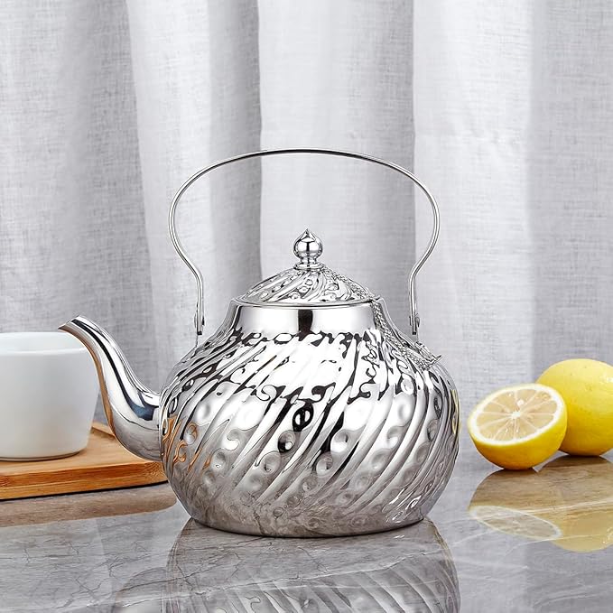 SANQIAHOME 2000ml stainless steel antique style teapot,with Infuser, thickened boiling kettle, lifting handle,Silver - Bloomnest