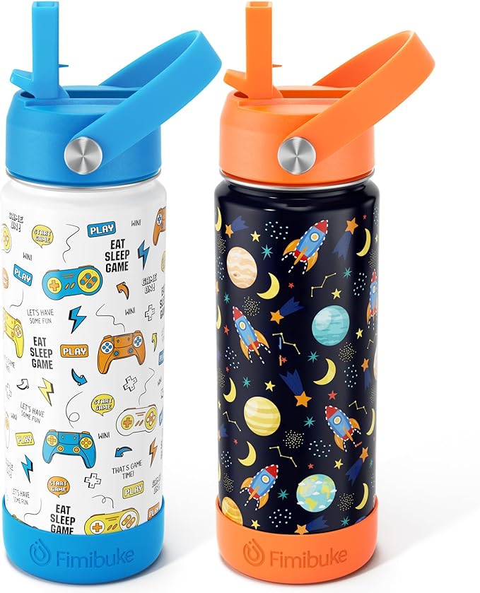 Fimibuke Kids Insulated Water Bottle, 18oz BPA FREE Kids Cups with Straw Double Wall Vacuum Tumbler 18/8 Stainless Steel Leak Proof Toddler Water Bottle for School Boys Girls (2 Pack, Game+Space) - Bloomnest