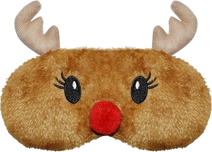 Christmas Reindeer Sleep Mask Cute Antler Eye Masks Sleeping Soft Plush Cartoon Blindfold Funny Animal Eye Cover Xmas Presents for Kids Girls and Adult (Xmas Reindeer,Brown) - Bloomnest