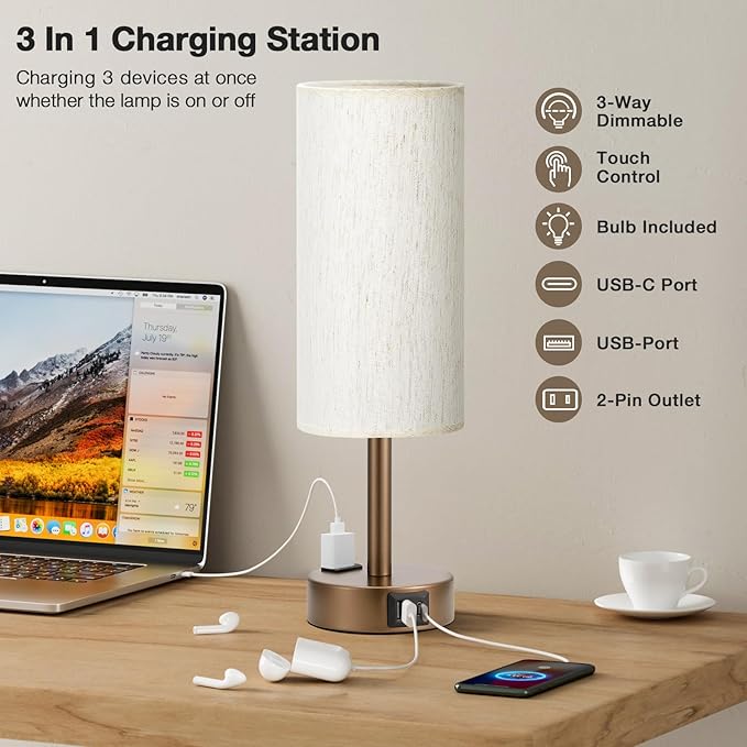 Brown Bedside Table Lamp for Bedroom - 3 Way Dimmable Touch Lamp USB C Charging Ports and AC Outlet, Small Lamp Round Flaxen Cream Fabric Shade for Living Room, Desk, LED Bulb Included - Bloomnest