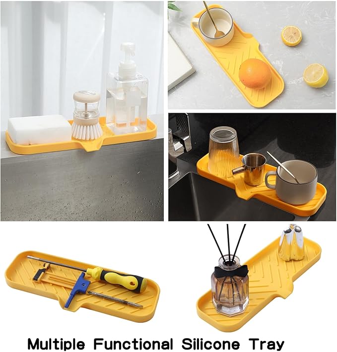 Silicone Bathroom Soap Dishes with Drain Spout-Bathroom and Kitchen Sink Organizer,Sponge Holder,Dish Soap Tray,Perfect for Dispenser,Scrubber,Bottle,Cup on Sink or Counter-Yellow 12"×4" - Bloomnest