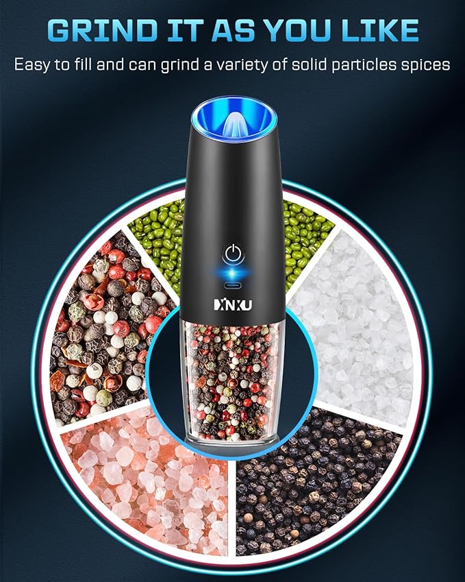 XinXu Gravity Electric Pepper and Salt Grinder Set, Adjustable Coarseness, with LED Light, One Hand Automatic Operation (Rechargeable Set/Black X) - Bloomnest
