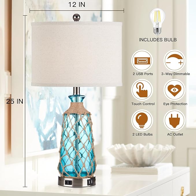 Coastal Glass Table Lamps, 3-Way Dimmable Touch Control Bedside Lamps with 2 USB Ports and AC Outlet, Teal Nautical Nightstand Lamps for Bedroom Living Room (LED Bulbs Included) - Bloomnest