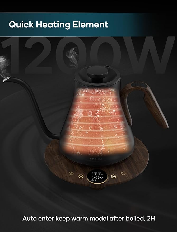 Gooseneck Electric Kettle with ±1℉ Temperature Control for Pour Over Coffee & Tea, Quick Heating, BPA-Free Stainless Steel, Built-in Brew Timer, 1500W/0.9L (Rainforest) - Bloomnest