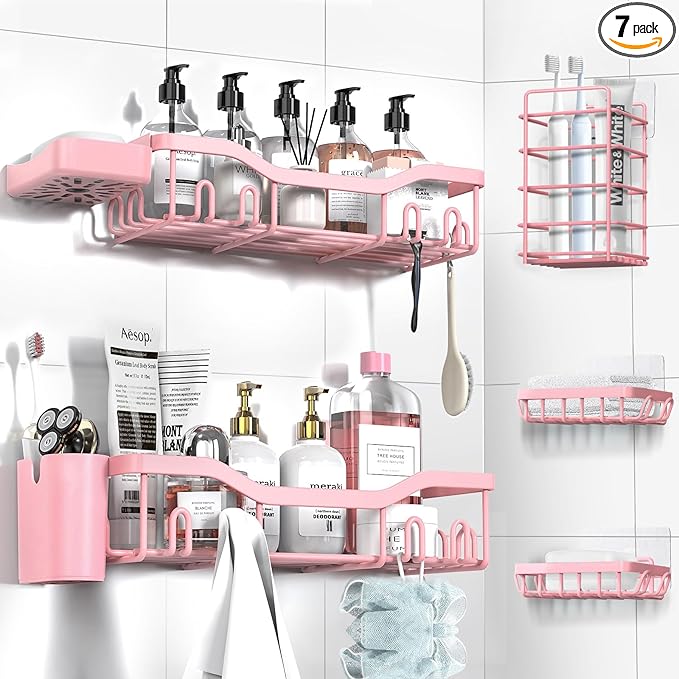 Shower Caddy Adhesive Shower Organizer 7-Pack, Rustproof Stainless Steel Bathroom Shelves, Large Capacity No-Drill Rack Storage Accessories with Soap Dish Toothbrush Holder Hooks - Bloomnest