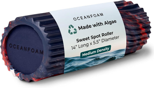 Oceanfoam Sweet Spot Medium Exercise Foam Roller 14"x5.5" – Medium Density Foam Roller for Physical Therapy, Deep Tissue Massage, Yoga, Pilates, Wave Texture (Dark Navy, Red and Natural Marbled)