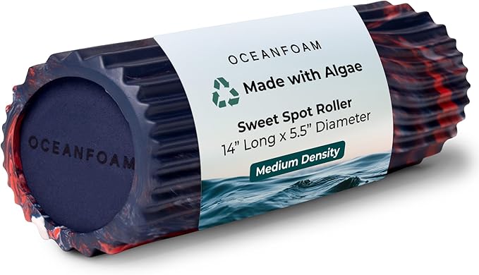 Oceanfoam Sweet Spot Medium Exercise Foam Roller 14"x5.5" – Medium Density Foam Roller for Physical Therapy, Deep Tissue Massage, Yoga, Pilates, Wave Texture (Dark Navy, Red and Natural Marbled) - Bloomnest