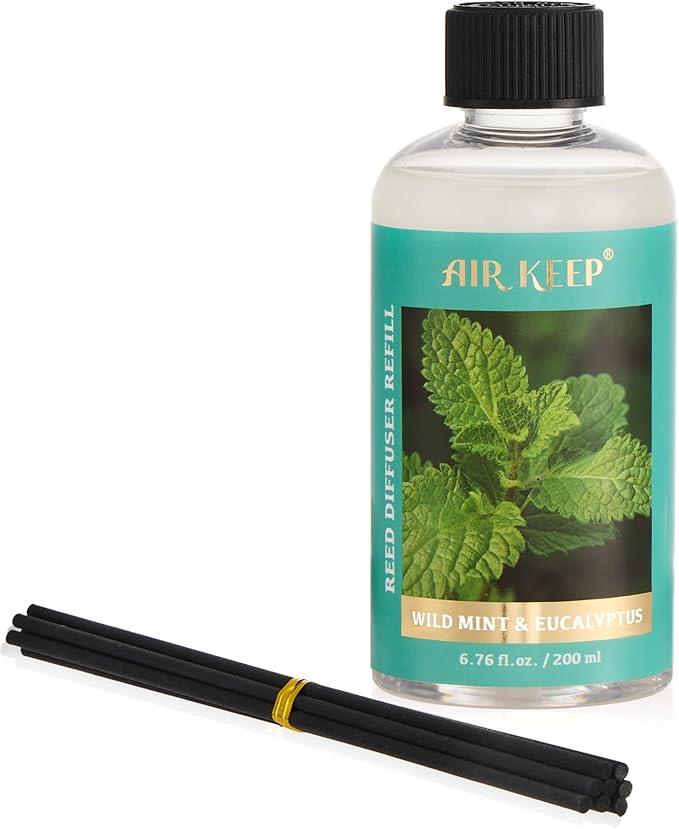 Airkeep Reed Diffuser Oil Refill with Diffuser Sticks, 6.76 Fl Oz(200ml) Wild Mint&Eucalyptus Scented Oils, Aroma Therapy, Home Fragrance & Air Freshener, Office Décor, Decoration - Bloomnest