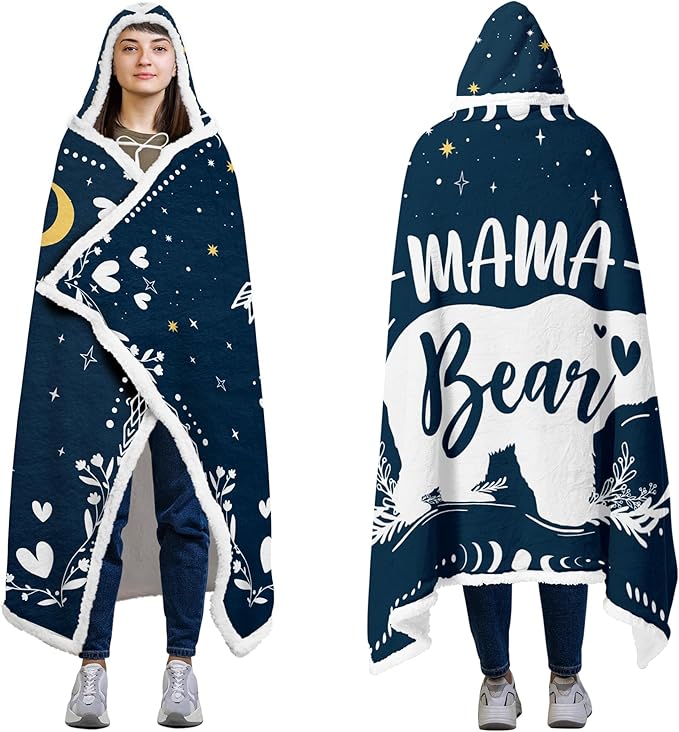 GEEMBI Birthday Gifts for Mom - Mama Bear Blue Blanket Hoodie 47x72 in - Mom Birthday Gifts from Daughter Son Husband, Mama Gift Ideas, Gift for Mother Grandma Wife, Hoodie Blanket for Women - Bloomnest