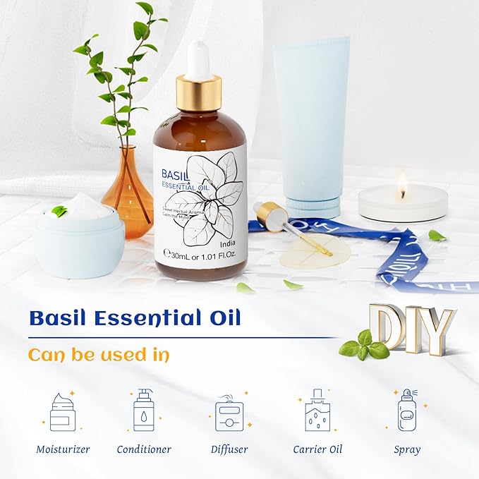 HIQILI 1 Fl Oz Basil Essential Oil, 100% Pure Undiluted for Skin, Diffuser - 30ml - Bloomnest