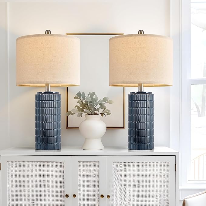 PoKat 23" Blue Table Lamps, Farmhouse Bedside Lamps for Bedroom Set of 2, Ceramic End Table Lamps for Living Room, Traditional Nightstand Desk Lamps, Medium - Bloomnest