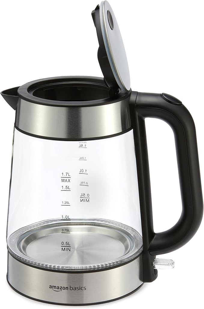Amazon Basics Electric Kettle with Glass Carafe for Tea and Coffee, BPA-Free, Fast Boiling, Auto Shut-Off, 1.8 Quarts, 1500W, Black and Silver - Bloomnest
