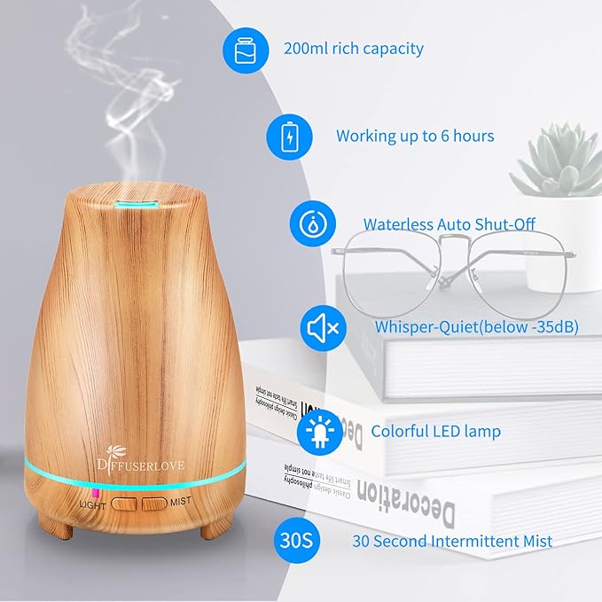 Diffuserlove Essential Oil Diffusers 200ML Diffuser Remote Control Aromatherapy Diffuser with 7 Color Lights, Auto Shut-Off for Bedroom Office Kitchen (Yellow Wood Grain) Diffuserlove