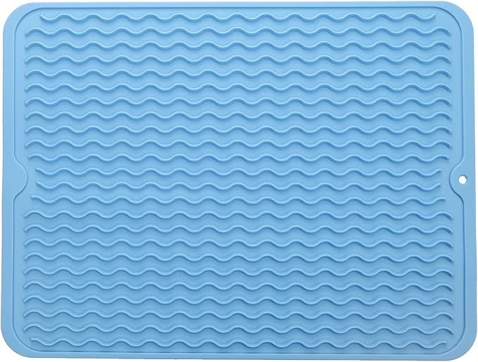 Silicone Dish Drying Mat for Multiple Usage,Easy clean,Eco-friendly,Heat-resistant Silicone Mat for Kitchen Counter or Sink,Refrigerator or drawer liner Light Blue L 16 inches x 12 inches - Bloomnest