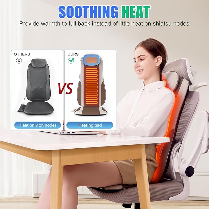 Shiatsu Back Massager with Heat, Massage Chair Pad Seat Cushion for Stress Relief, Deep Tissue Kneading & Roller, 2 Vibration Motors, Back Waist Hip Massager, PU Leather, with 2 Adapters - Bloomnest