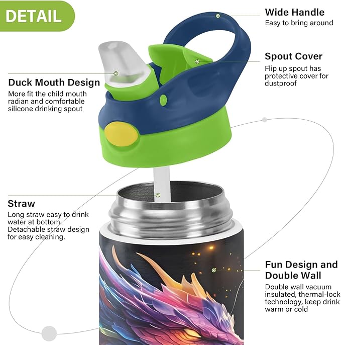 Dragon Galaxy Colorful Kids Water Bottle with Straw Lid Insulated Tumbler with Handle Stainless Steel Reusable Toddlers Cup for Kids Boys 12 oz - Bloomnest