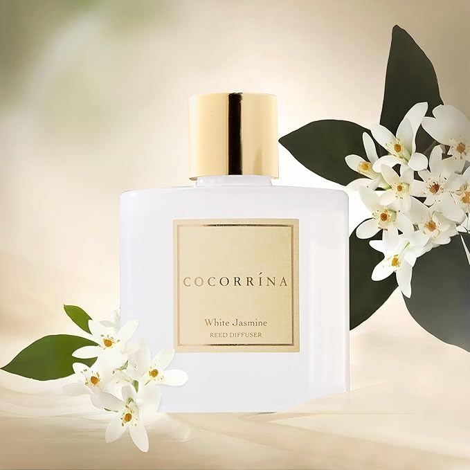 COCORRÍNA Reed Diffuser - White Jasmine 6.7 Fl.oz Reed Diffuser Set with Sticks & Preserved Baby's Breath, Reed Diffuser for Home Bathroom Shelf Decor - Bloomnest