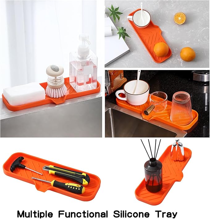 Silicone Bathroom Soap Dishes with Drain Spout-Bathroom and Kitchen Sink Organizer,Sponge Holder,Dish Soap Tray,Perfect for Dispenser,Scrubber,Bottle,Cup on Sink or Counter-Orange 12"×4" - Bloomnest