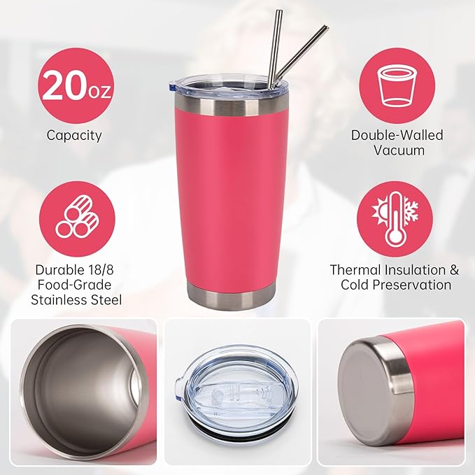 IEOVIEE 32 Pack, 20oz Stainless Steel Bulk Tumblers with Lids and Straws, Double Wall Insulated Travel Mug, Durable Powder Coated Tumbler Bulk Cup for Cold and Hot Drinks(Hot Pink) - Bloomnest