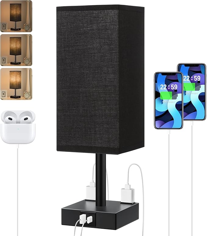 Touch Bedside Table Lamp for Nightstand - 3-Way Dimmable Night Lamp with USB A + Type C Charging Ports and Two AC Outlets, Small Desk Light with E26 LED Bulb for Bedroom Living Room Dorm Office,Black - Bloomnest
