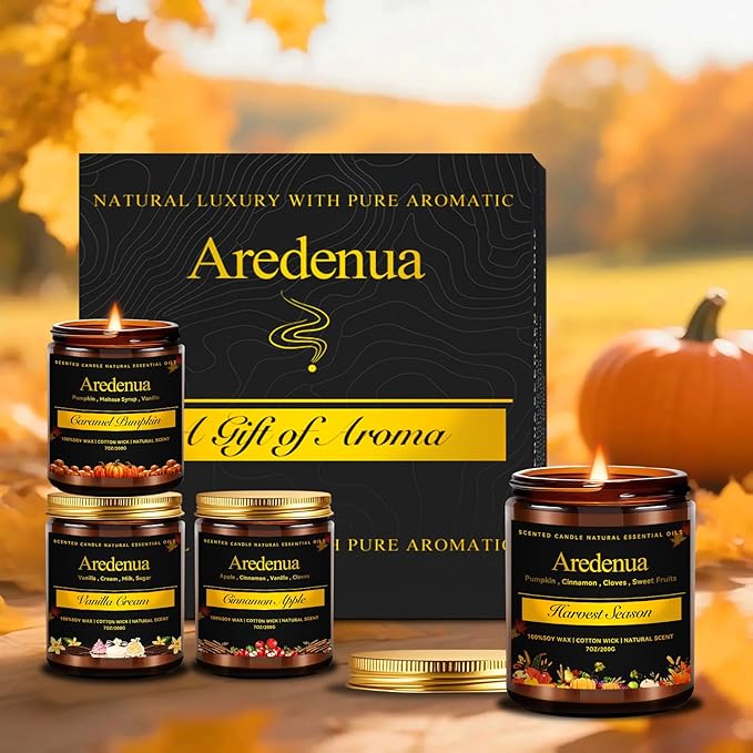 Fall Candles Set | 4 Pack Autumn Scented Candles - Fall Candle Gifts for Women Men, Soy Candles for Home Scented - Autumn Scent of - Pumpkin/Cinnamon Apple/Harvest/Vanilla Cream - Bloomnest