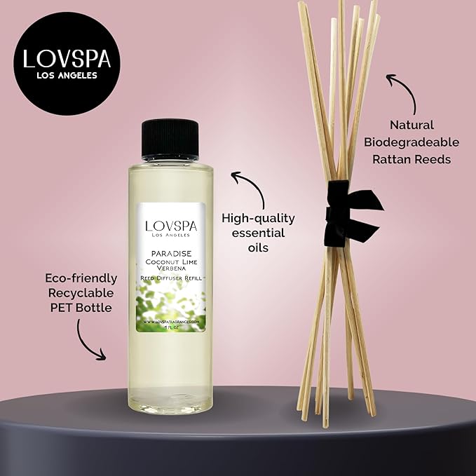 LOVSPA Paradise Coconut Lime Verbena Diffuser Oil - Luxury Essential Oils for Diffuser Refill & Air Freshener Room Spray - Long-Lasting Home Fragrance, Scented Oil for Diffusers, USA Made, 4oz - Bloomnest