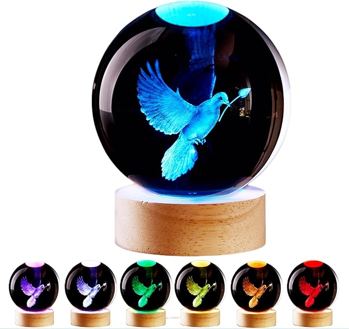 3.15 inch Pigeon Crystal Ball lamp,3D Bird Crystal Ball Night Light with Wooden Base, Peace Dove Lamp, 16 Colors Change with Remote Control (Panda) - Bloomnest