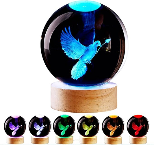3.15 inch Pigeon Crystal Ball lamp,3D Bird Crystal Ball Night Light with Wooden Base, Peace Dove Lamp, 16 Colors Change with Remote Control (Panda) - Bloomnest