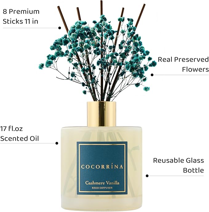 COCORRÍNA Reed Diffuser - Cashmere Vanilla 17 Fl.oz Reed Diffuser with 8 Sticks Scented Diffuser with Preserved Flowers for Bathroom Home Decor - Bloomnest