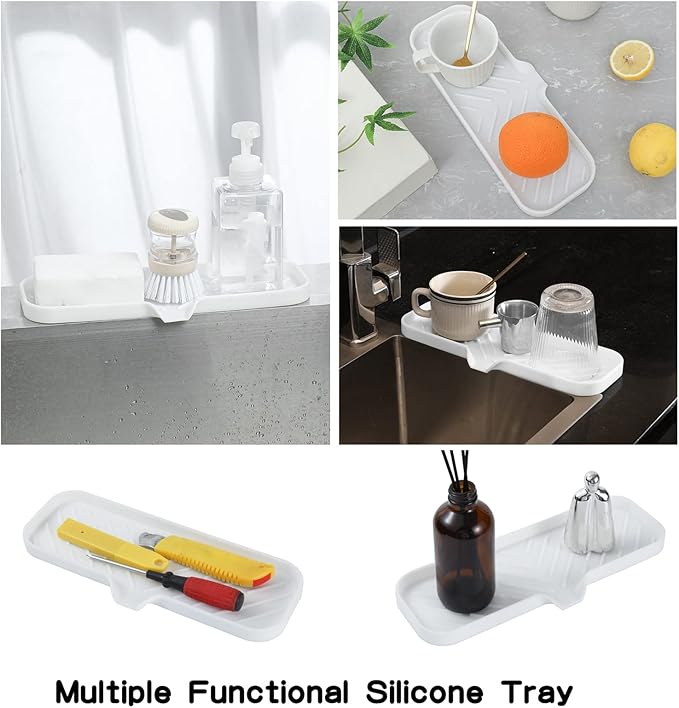 Silicone Bathroom Soap Dishes with Drain Spout-Bathroom and Kitchen Sink Organizer,Sponge Holder,Dish Soap Tray,Perfect for Dispenser,Scrubber,Bottle,Cup on Sink or Counter-White 12"×4" - Bloomnest