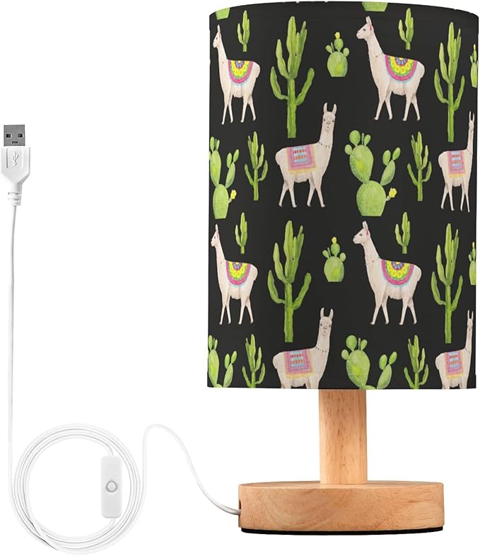 Table Lamp Watercolor Llama Alpaca Cactus Pattern Nightstand Lamp with Wood Base Fabric Lamp Shade Bedside Desk Lamp for Living Room Bedroom Kids Room Office - Bloomnest