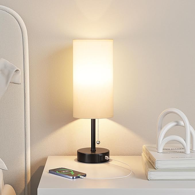 White Bedside Lamps for Bedroom Set of 2 - Nightstand Table Lamp with USB A + C Charging Port, 3 Color Temperatures Pull Chain Night Stand Light, Side Table Desk Reading Lamp for Living Room/Dorm - Bloomnest