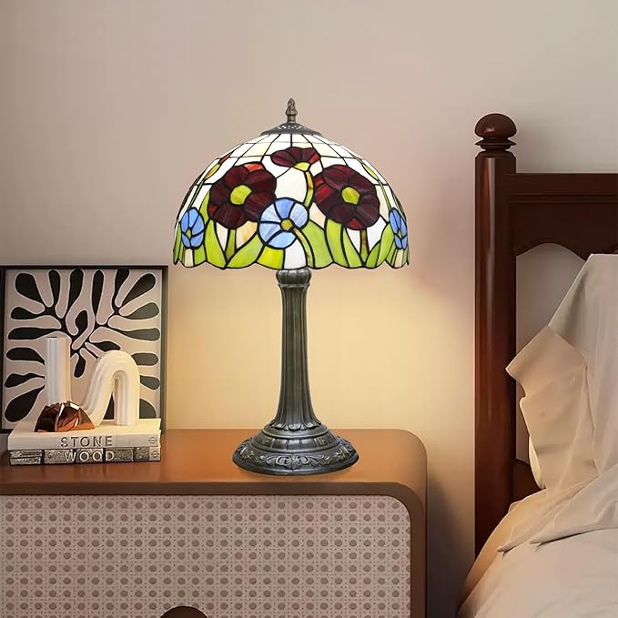 Tiffany Lamp Red Poppy Flowers Stained Glass Table Lamp Vintage Bedroom Desk Light for Home Dorm Office Art Craft Antique Decor Accent Aesthetic Nightstand Reading Light - Bloomnest