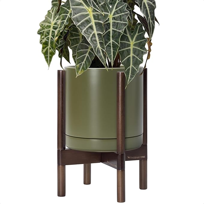 D'vine Dev Ceramic Planter with Walnut Color Stand - 10 Inch Modern Round Flower Pot with Wood Planter Holder, Olive, 55-B-X-J - Bloomnest