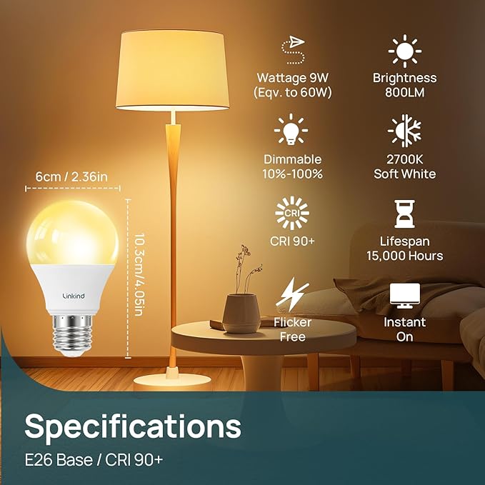 Linkind A19 LED Light Bulbs Dimmable, 60W Equivalent, 2700K Soft White LED Light Bulbs, High CRI90, 9W Energy Efficient 800 Lumens, E26 Base, UL Listed, Lighting for Bedroom Living Room, 6 Packs - Bloomnest