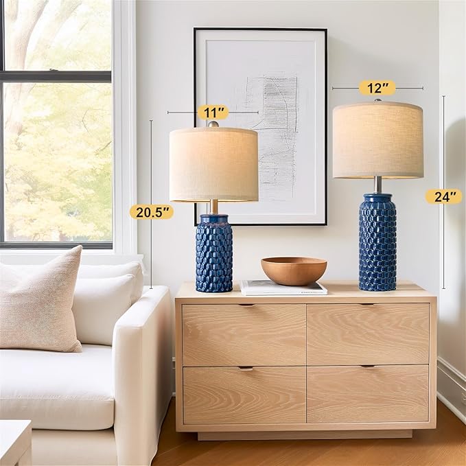 24 inches Modern Ceramic Dark Blue Bedside Lamp Set of 2 for Bedroom Decor Farmhouse Table Lamp for Living Room Office Dorm - Bloomnest
