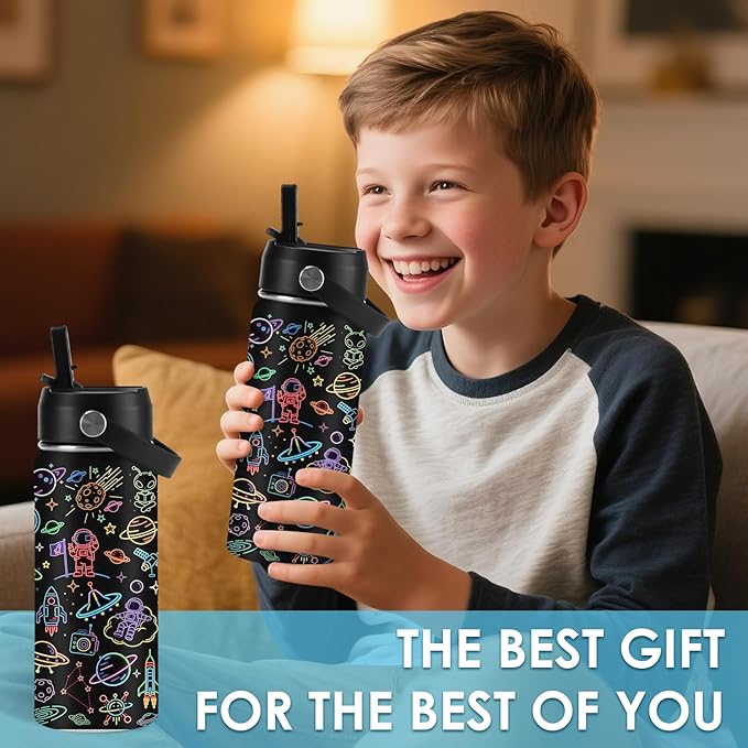 Space Gifts for Kids - 16oz Insulated Water Bottle with Straw Lid, Stainless Steel Leakproof Tumbler, Leak Proof, BPA-Free, for Boys Daily Use, Travel - Space Lovers Children Birthday Gift Cup (1pc) - Bloomnest