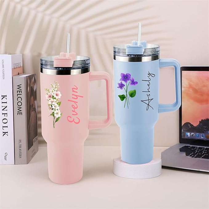 ThermoThrill Ships Next Day, Personalized 40 Oz Tumbler with Handle and Straw Custom Tumbler with Text Stainless Steel Mug Birthday Gifts for Women - Bloomnest