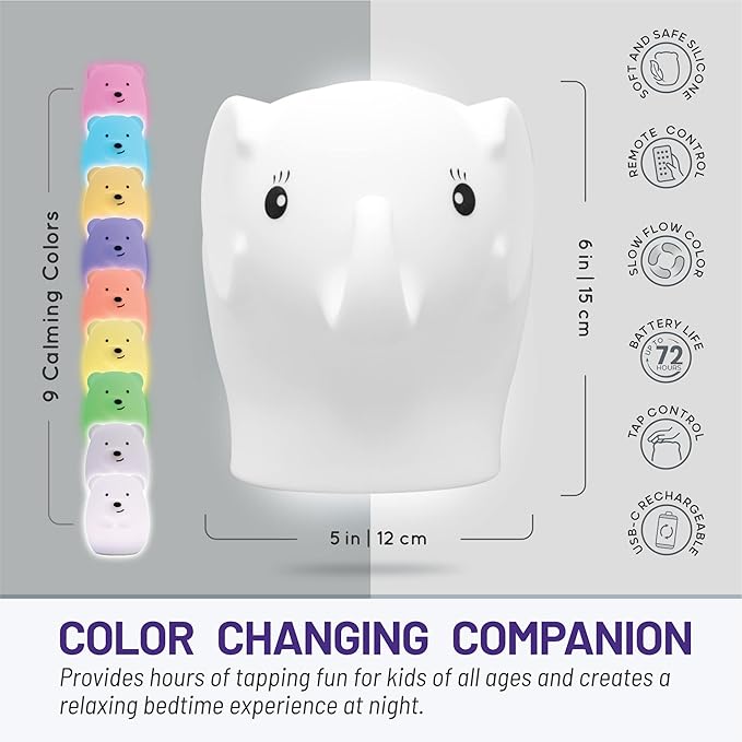 LumiPets Eggbert the Elephant Squishy Night Light for Kids | Silicone Nightlight with Tap, Remote Control | Rechargeable Color Changing Animal Light for Girls & Boys | Portable Mood Lamp With USB Cord - Bloomnest